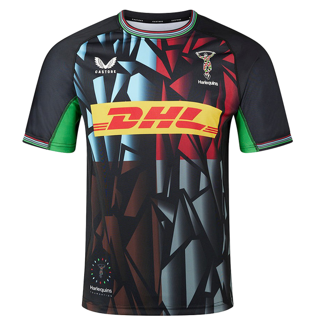 The Harlequins 23/24 Replica Third Jersey by Castore features a geometric black, blue, and red design with green accents, DHL front sponsor logo, and moisture-wicking fabric for comfort on and off the pitch.