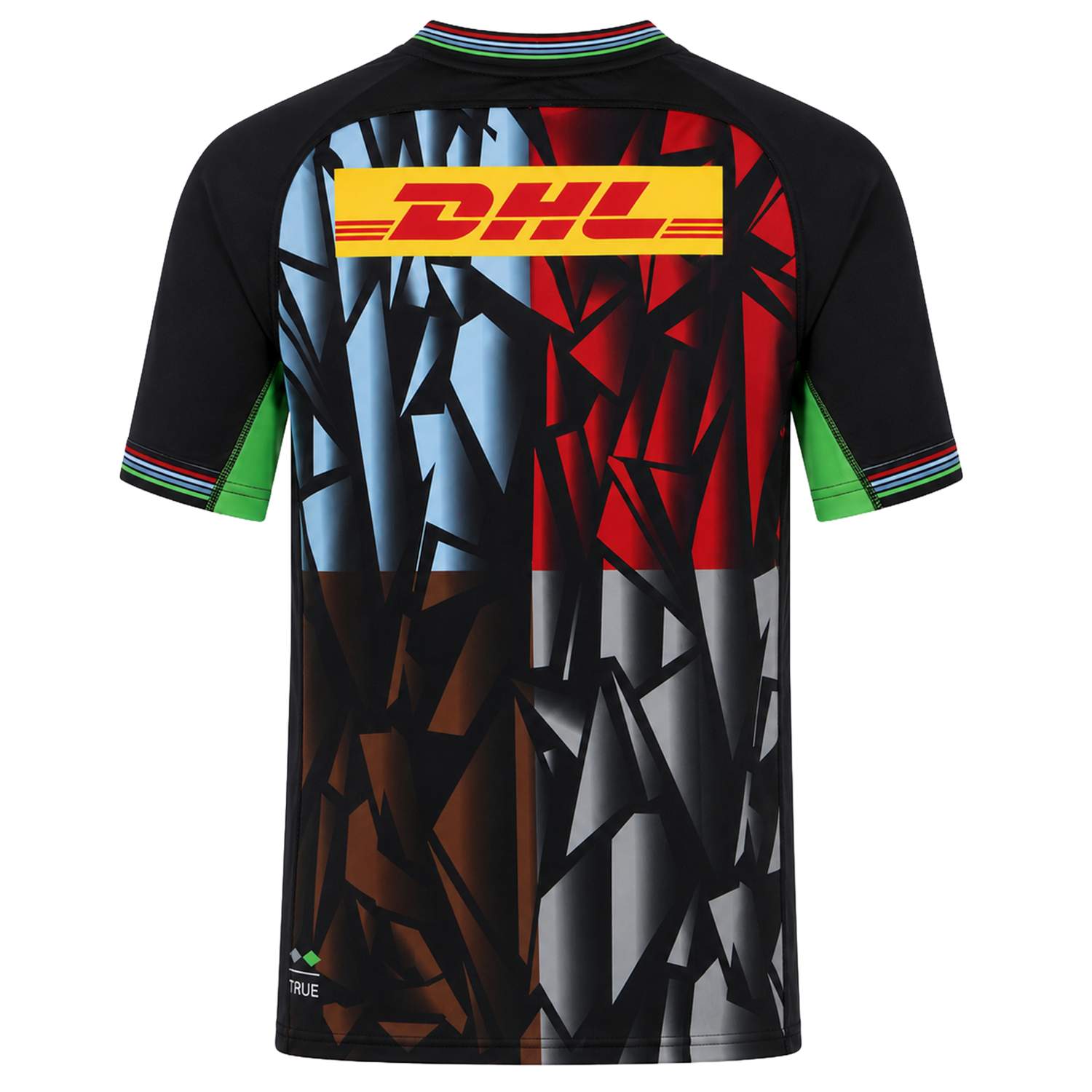 Back view of the Harlequins 23/24 Replica Third Jersey by Castore, a moisture-wicking jersey with geometric black, brown, blue, red, and gray patterns and a bold yellow DHL logo across the upper back.
