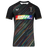 The Castore Harlequins 23/24 Pro Pride Jersey features black fabric with multicolored diagonal stripes, a rainbow DHL logo, and sponsor logos—celebrate inclusivity in this bold pride flag sportswear.