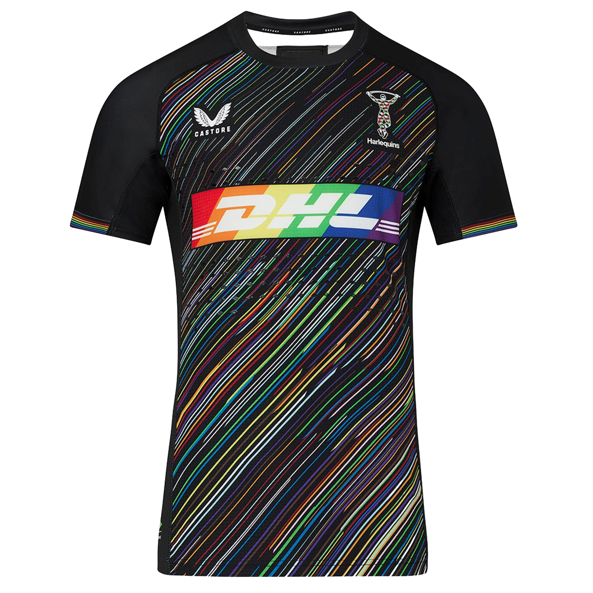 The Castore Harlequins 23/24 Pro Pride Jersey features black fabric with multicolored diagonal stripes, a rainbow DHL logo, and sponsor logos—celebrate inclusivity in this bold pride flag sportswear.