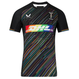 The Castore Harlequins 23/24 Pro Pride Jersey features black fabric with multicolored diagonal stripes, a rainbow DHL logo, and sponsor logos—celebrate inclusivity in this bold pride flag sportswear.