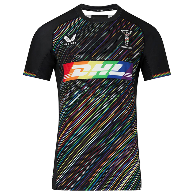 The Castore Harlequins 23/24 Pro Pride Jersey features black fabric with multicolored diagonal stripes, a rainbow DHL logo, and sponsor logos—celebrate inclusivity in this bold pride flag sportswear.