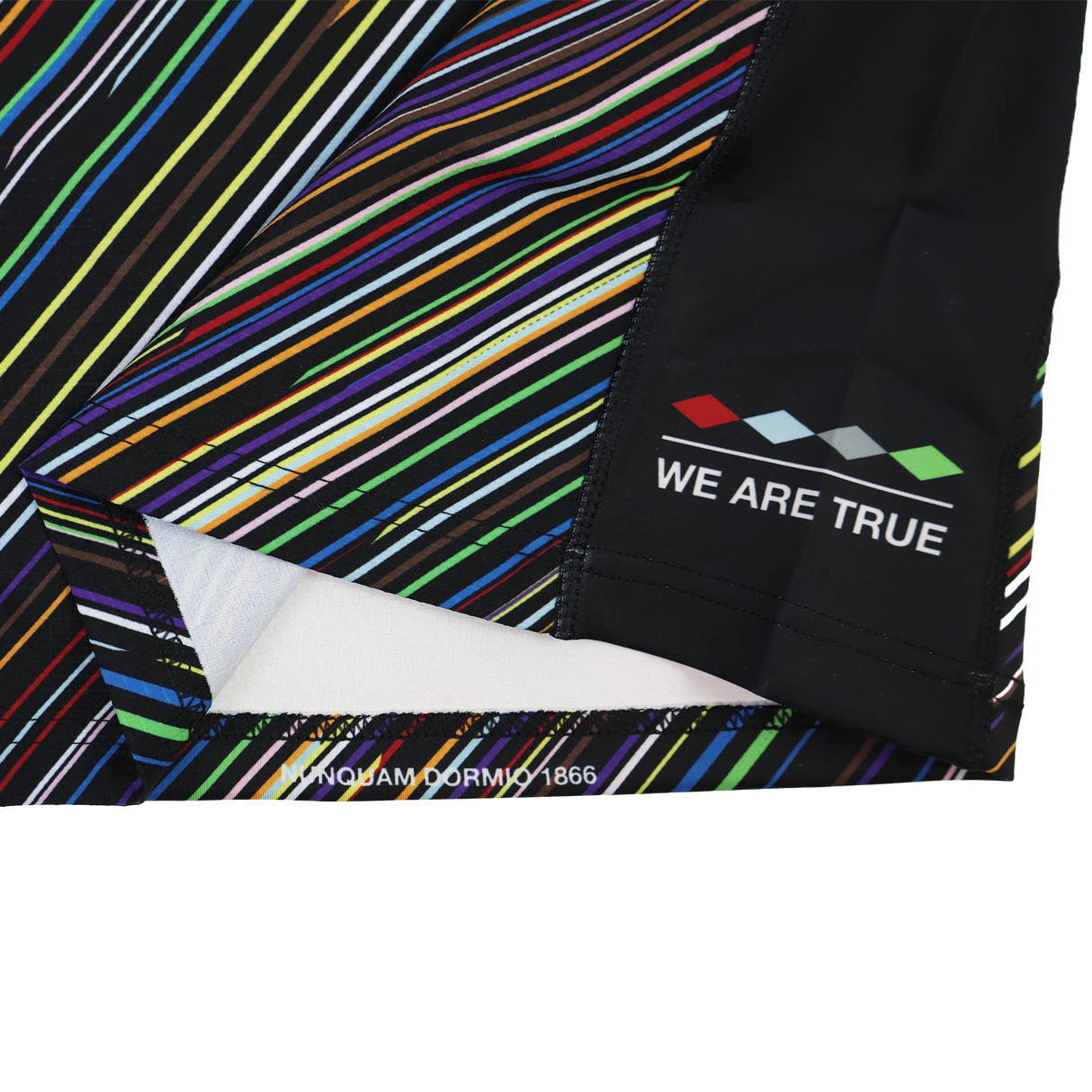 A close-up of the Harlequins 23/24 Pro Pride Jersey by Castore shows multicolored stripes, "WE ARE TRUE," and a four-color diamond design printed on a black section.