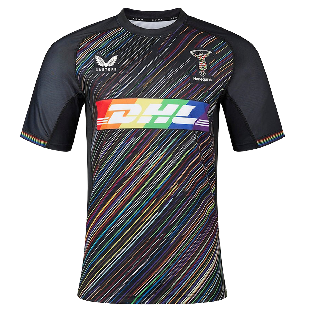 The Harlequins Replica Pride Jersey 23/24 by Castore is a black rugby jersey with diagonal rainbow stripes, featuring DHL and Castore logos plus the Harlequins emblem on the chest.