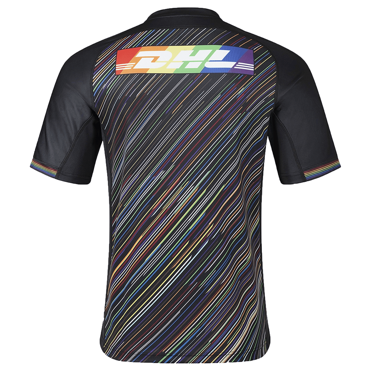 The Harlequins Replica Pride Jersey 23/24 by Castore is a black short-sleeve rugby shirt with multicolored diagonal stripes and a rainbow DHL logo on the upper back, showcasing bold Pride style.