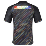 The Harlequins Replica Pride Jersey 23/24 by Castore is a black short-sleeve rugby shirt with multicolored diagonal stripes and a rainbow DHL logo on the upper back, showcasing bold Pride style.