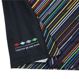 Close-up of the Harlequins Replica Pride Jersey 23/24 by Castore, featuring multicolored diagonal stripes and "TOGETHER WE ARE QUINS" beside five colored diamonds.