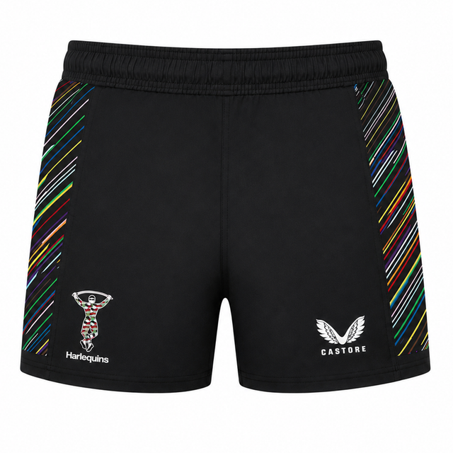 The Harlequins 23/24 Pro Pride Short by Castore features an athletic fit, black color, multicolored diagonal side stripes, the Harlequins logo on the left leg, and the Castore logo on the right.