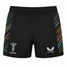 The Harlequins 23/24 Pro Pride Short by Castore features an athletic fit, black color, multicolored diagonal side stripes, the Harlequins logo on the left leg, and the Castore logo on the right.