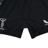 Close-up of Harlequins 23/24 Pro Pride Short by Castore, black athletic-fit rugby shorts with the Harlequins club logo on the left and Castore branding on the right.