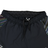 Close-up of the Harlequins 23/24 Pro Pride Short by Castore—black athletic fit rugby shorts featuring an elastic waistband, black drawstring, and colorful striped side accents.