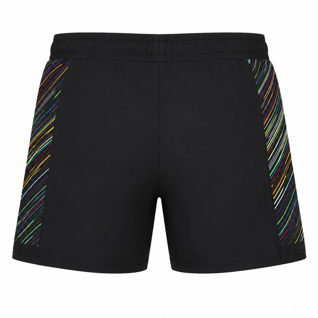 Black athletic-fit rugby shorts by Castore, featuring a subtle rainbow diagonal stripe on both sides, inspired by the Harlequins 23/24 Pro Pride Short—shown from the back against a white background.