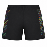Black athletic-fit rugby shorts by Castore, featuring a subtle rainbow diagonal stripe on both sides, inspired by the Harlequins 23/24 Pro Pride Short—shown from the back against a white background.