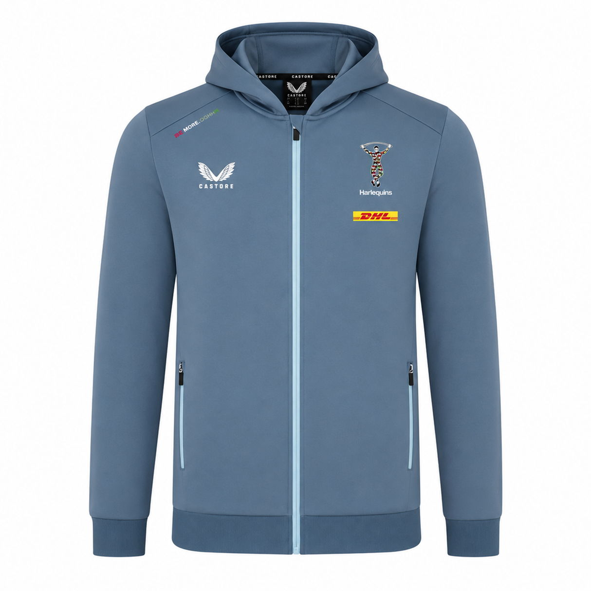The Harlequins 23/24 Matchday Zip Through Hoodie by Castore is a light blue rugby teamwear hoodie featuring Harlequins, DHL, Castore, and The World’s Original Marmalade logos on the front.
