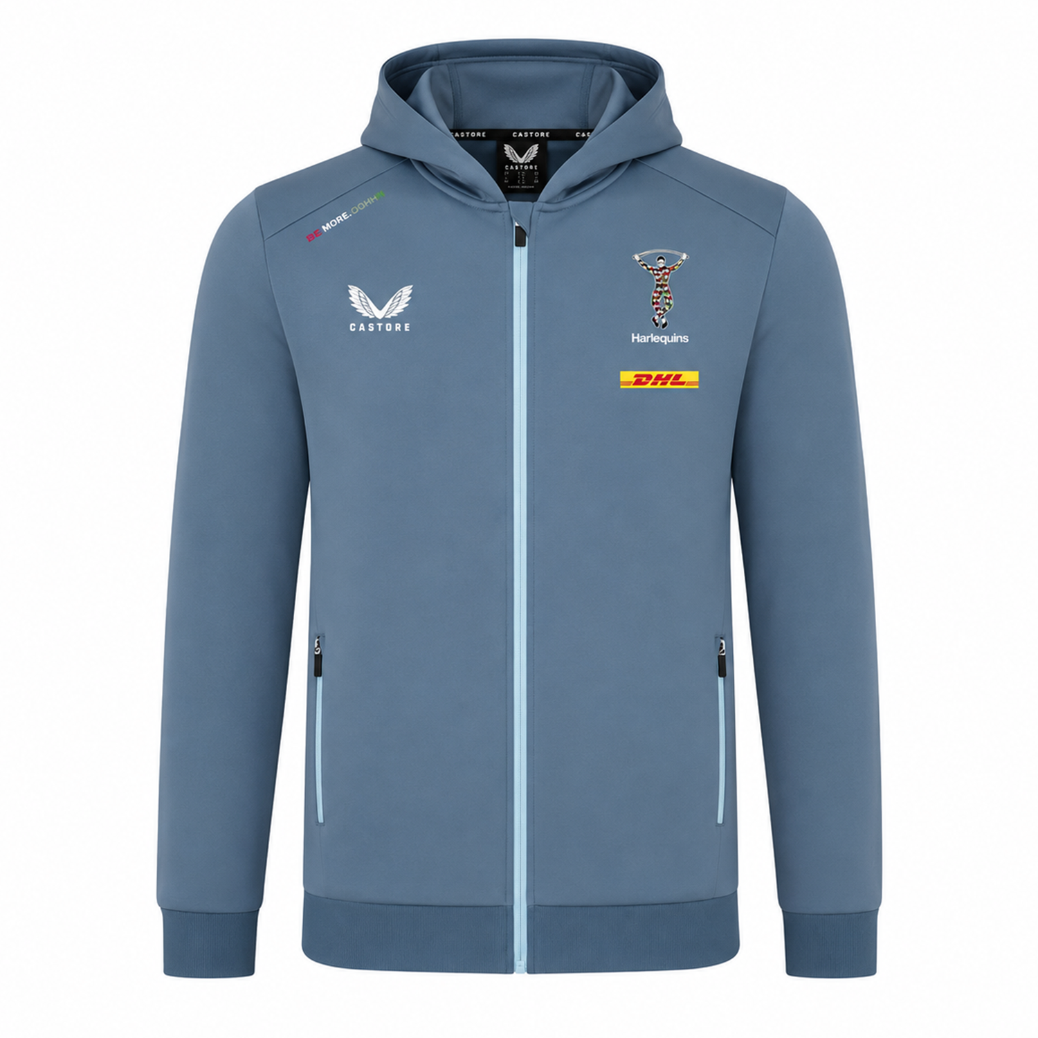 The Harlequins 23/24 Matchday Zip Through Hoodie by Castore is a light blue rugby teamwear hoodie featuring Harlequins, DHL, Castore, and The World’s Original Marmalade logos on the front.