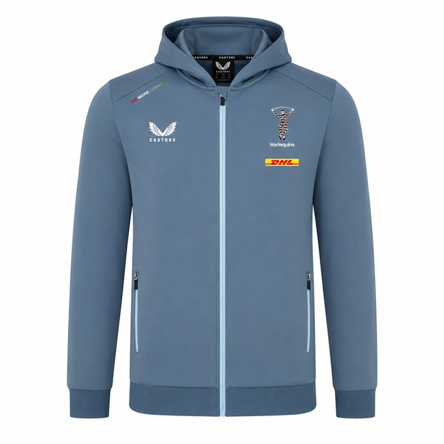 The Harlequins 23/24 Matchday Zip Through Hoodie by Castore is a light blue rugby teamwear hoodie featuring Harlequins, DHL, Castore, and The World’s Original Marmalade logos on the front.