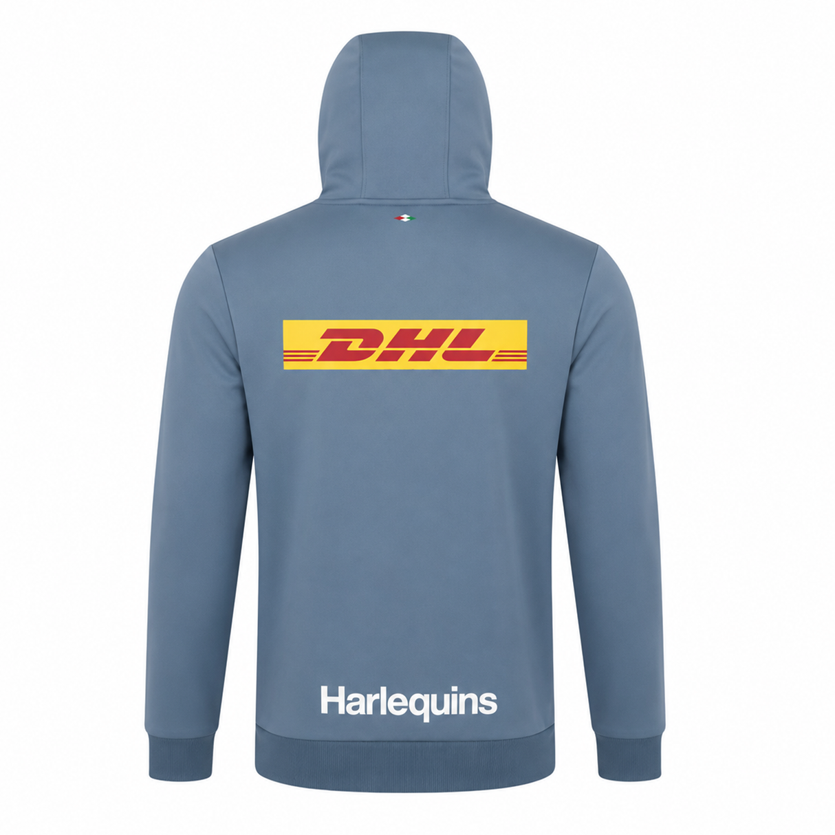 Back view of the Harlequins 23/24 Matchday Zip Through Hoodie by Castore, showing a large DHL logo across the upper back and "Harlequins" near the bottom.
