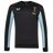 The Harlequins 23/24 Training Sweatshirt by Castore is a black long-sleeve top with light blue side panels and features Castore, Harlequins, and DHL logos on the chest and shoulders.