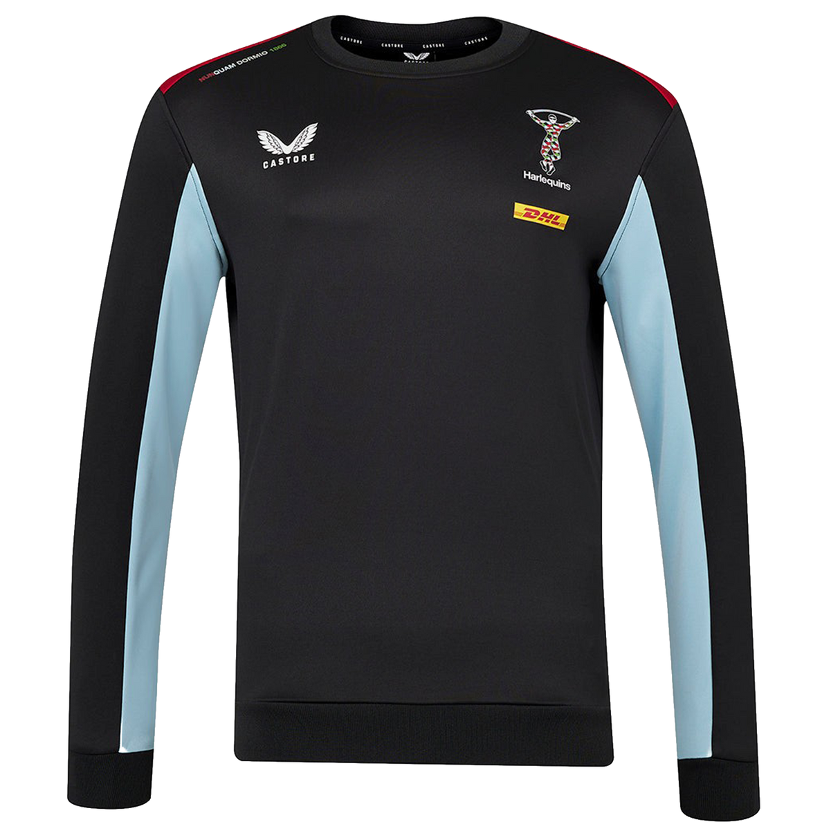The Harlequins 23/24 Training Sweatshirt by Castore is a black long-sleeve top with light blue side panels and features Castore, Harlequins, and DHL logos on the chest and shoulders.