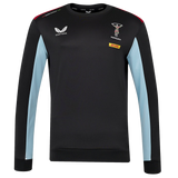 The Harlequins 23/24 Training Sweatshirt by Castore is a black long-sleeve top with light blue side panels and features Castore, Harlequins, and DHL logos on the chest and shoulders.