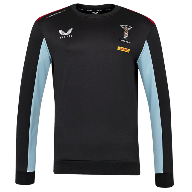 The Harlequins 23/24 Training Sweatshirt by Castore is a black long-sleeve top with light blue side panels and features Castore, Harlequins, and DHL logos on the chest and shoulders.