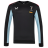 The Harlequins 23/24 Training Sweatshirt by Castore is a black long-sleeve top with light blue side panels and features Castore, Harlequins, and DHL logos on the chest and shoulders.