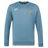 The Harlequins 23/24 Training Sweatshirt by Castore features long sleeves, rugby and DHL logos, Castore branding, and green, red, and blue trim on the light blue collar.