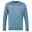 The Harlequins 23/24 Training Sweatshirt by Castore features long sleeves, rugby and DHL logos, Castore branding, and green, red, and blue trim on the light blue collar.