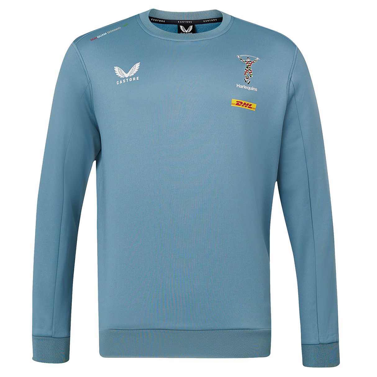 The Harlequins 23/24 Training Sweatshirt by Castore features long sleeves, rugby and DHL logos, Castore branding, and green, red, and blue trim on the light blue collar.