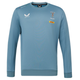 The Harlequins 23/24 Training Sweatshirt by Castore features long sleeves, rugby and DHL logos, Castore branding, and green, red, and blue trim on the light blue collar.