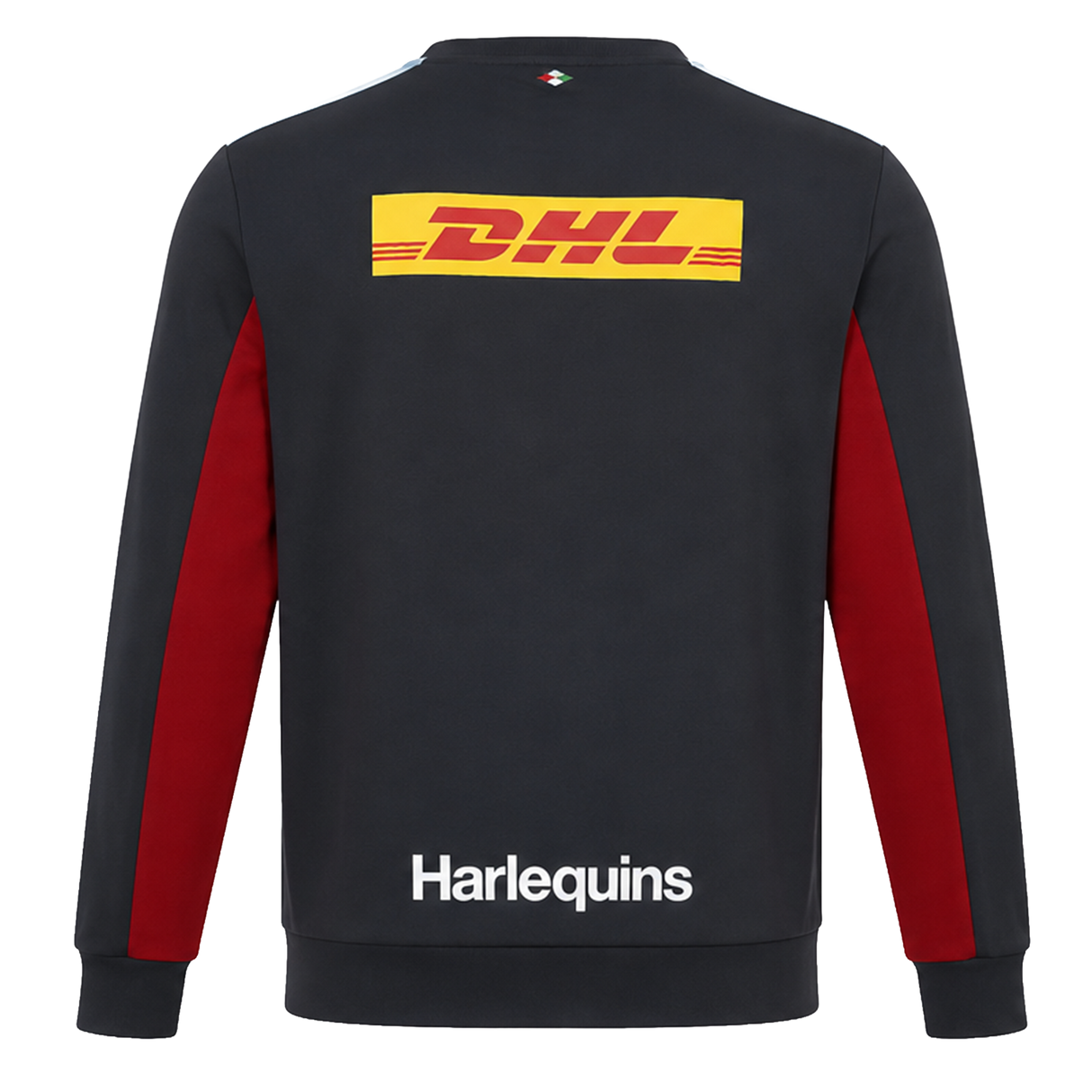 The Harlequins 23/24 Training Sweatshirt by Castore features a black and red design, a yellow DHL logo on the upper back, and "Harlequins" in white on the lower back—a stylish choice for rugby fans.