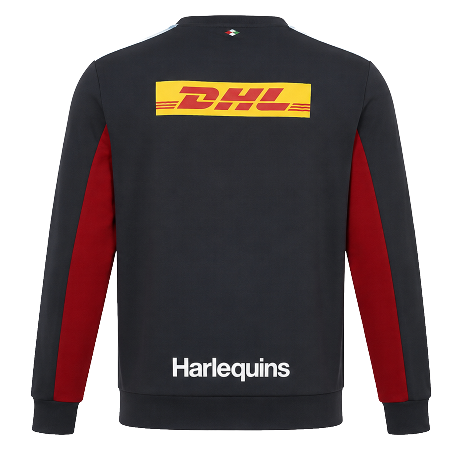 The Harlequins 23/24 Training Sweatshirt by Castore features a black and red design, a yellow DHL logo on the upper back, and "Harlequins" in white on the lower back—a stylish choice for rugby fans.