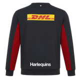 The Harlequins 23/24 Training Sweatshirt by Castore features a black and red design, a yellow DHL logo on the upper back, and "Harlequins" in white on the lower back—a stylish choice for rugby fans.