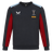 The Harlequins 23/24 Training Sweatshirt by Castore features a dark crewneck design, light blue shoulders, red side panels, and logos for Castore, Harlequins rugby club, and DHL—a must-have training top for true fans.
