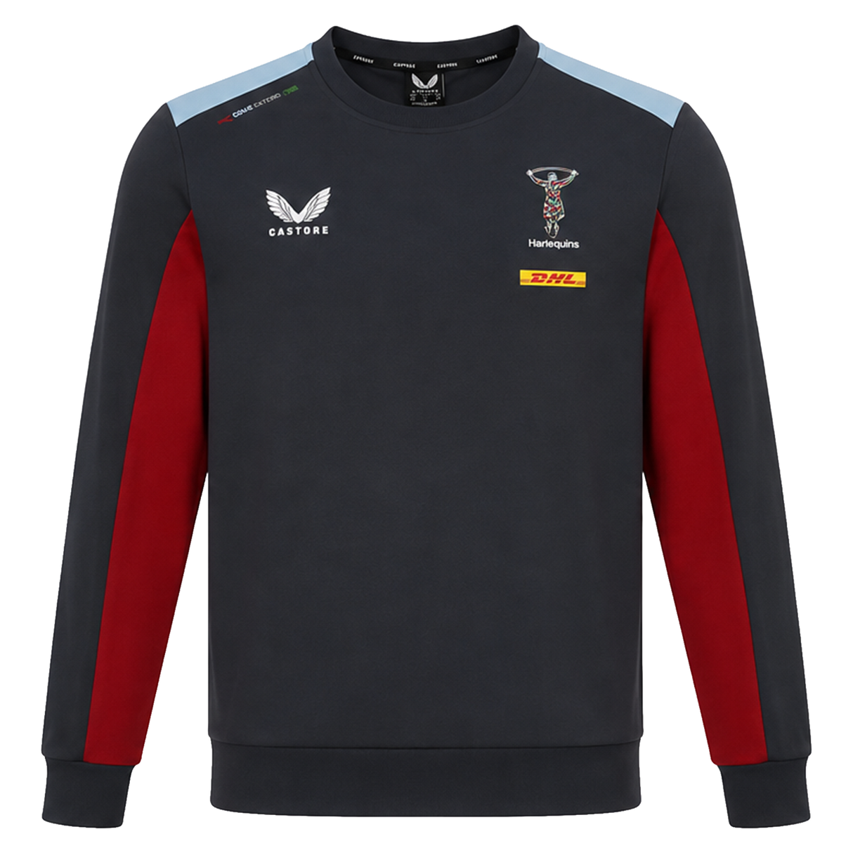 The Harlequins 23/24 Training Sweatshirt by Castore features a dark crewneck design, light blue shoulders, red side panels, and logos for Castore, Harlequins rugby club, and DHL—a must-have training top for true fans.