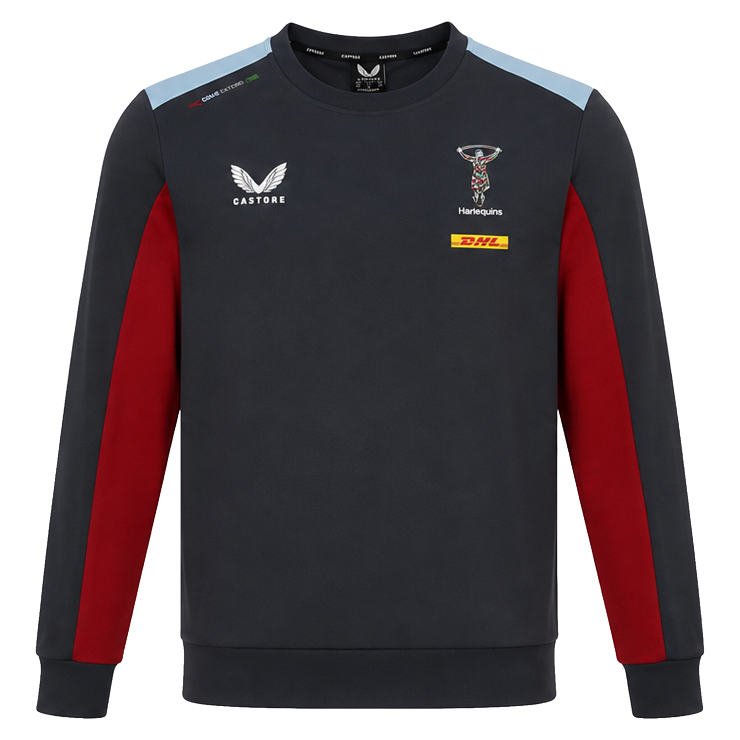 The Harlequins 23/24 Training Sweatshirt by Castore features a dark crewneck design, light blue shoulders, red side panels, and logos for Castore, Harlequins rugby club, and DHL—a must-have training top for true fans.