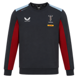 The Harlequins 23/24 Training Sweatshirt by Castore features a dark crewneck design, light blue shoulders, red side panels, and logos for Castore, Harlequins rugby club, and DHL—a must-have training top for true fans.