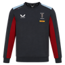 The Harlequins 23/24 Training Sweatshirt by Castore features a dark crewneck design, light blue shoulders, red side panels, and logos for Castore, Harlequins rugby club, and DHL—a must-have training top for true fans.
