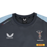The Harlequins 23/24 Training Sweatshirt by Castore features dark colors, blue shoulder panels, DHL logos, and "DULCE QUAM DORMIO 1866" on the upper left chest—a standout pick for dedicated fans.