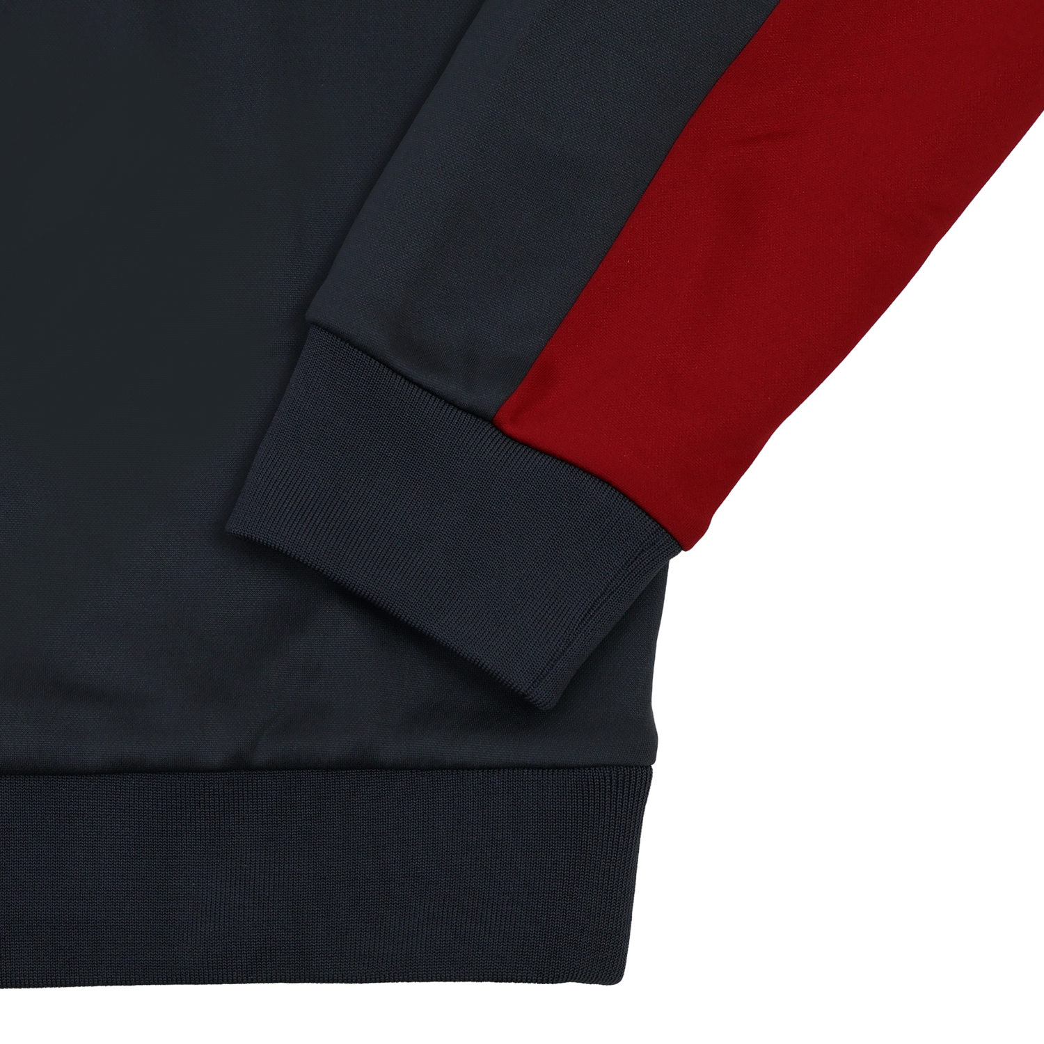 Close-up of the Harlequins 23/24 Training Sweatshirt by Castore, featuring a dark body, red sleeve, and dark ribbed cuff, shown against a plain white background.