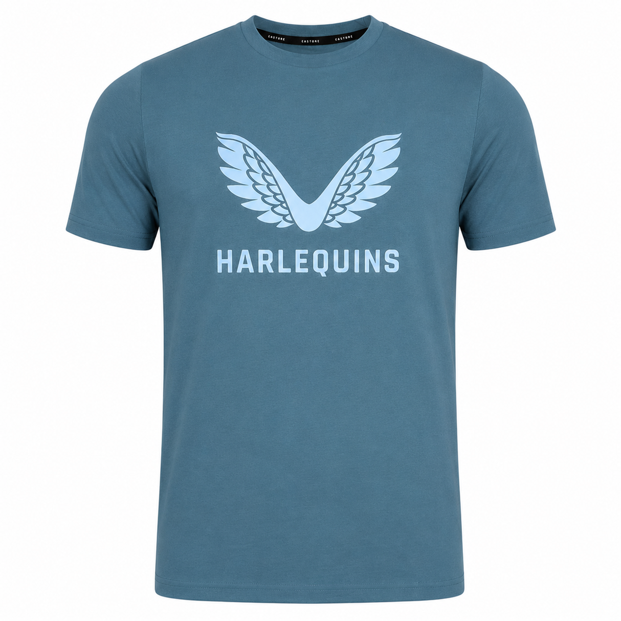 The Harlequins 23/24 Cotton Logo Tee by Castore is a blue cotton shirt featuring a white winged Harlequins logo above "HARLEQUINS" in capitals on the front.