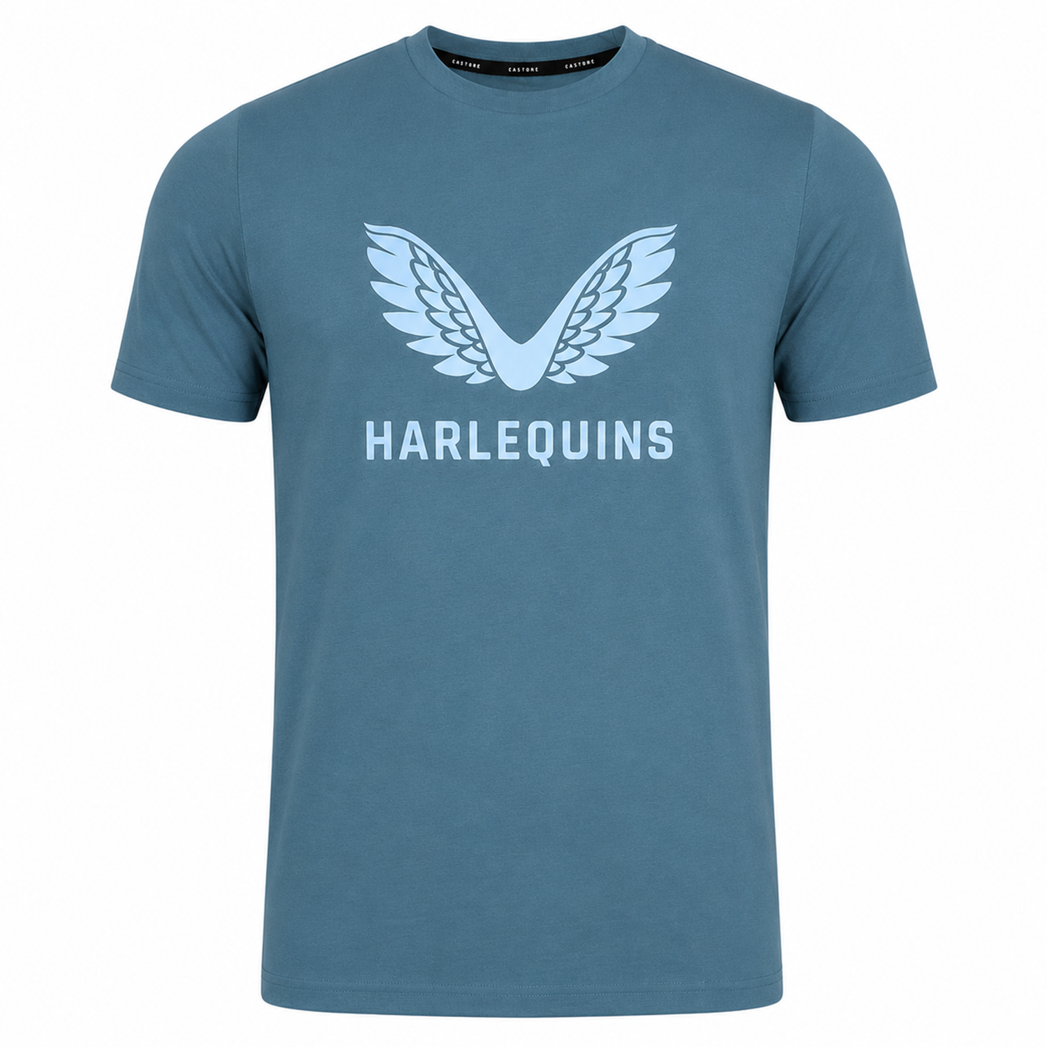 The Harlequins 23/24 Cotton Logo Tee by Castore is a blue cotton shirt featuring a white winged Harlequins logo above "HARLEQUINS" in capitals on the front.