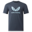 The Castore Harlequins 23/24 Cotton Logo Tee is a dark gray short-sleeve t-shirt with a light blue winged Harlequins logo above "HARLEQUINS" on the front.