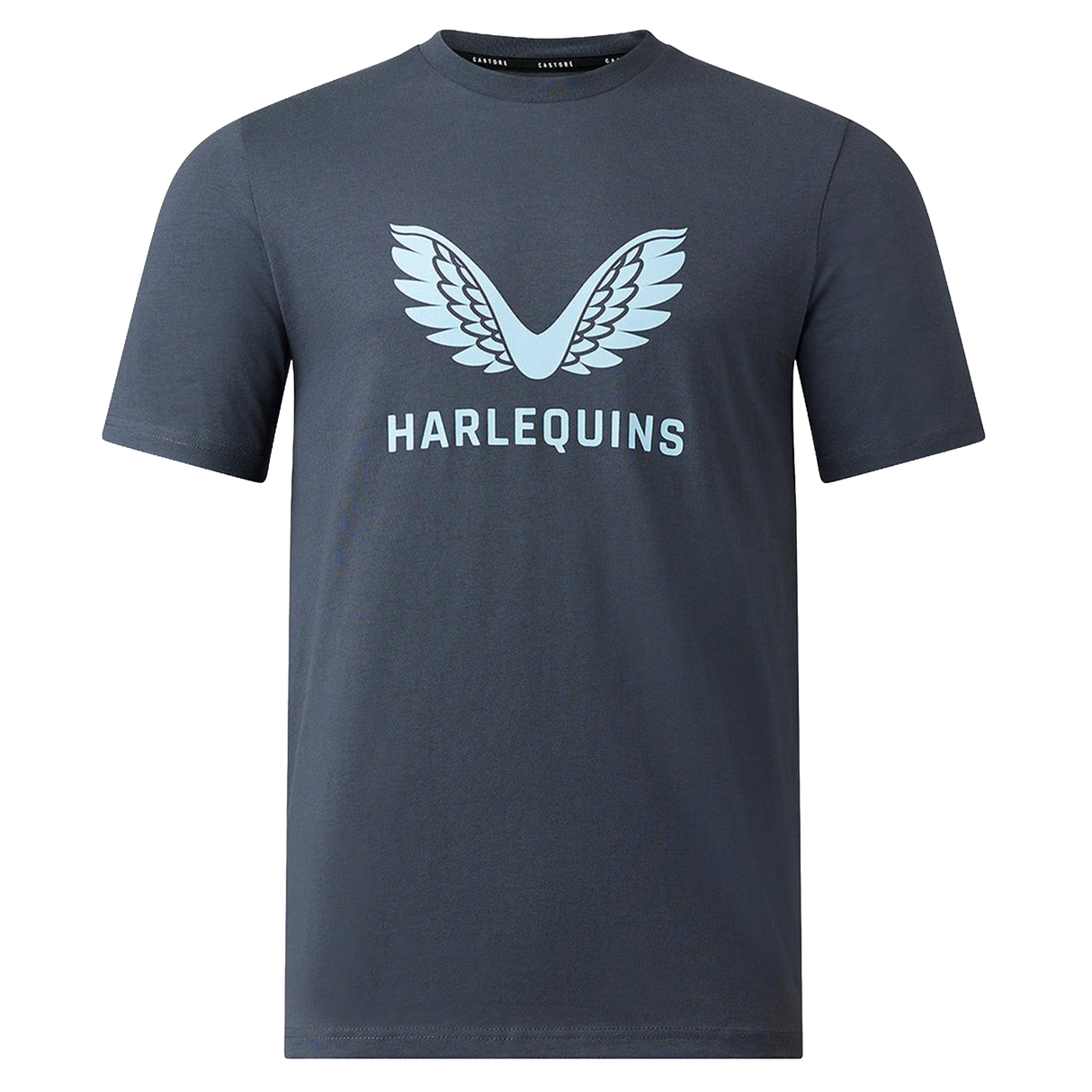The Castore Harlequins 23/24 Cotton Logo Tee is a dark gray short-sleeve t-shirt with a light blue winged Harlequins logo above "HARLEQUINS" on the front.