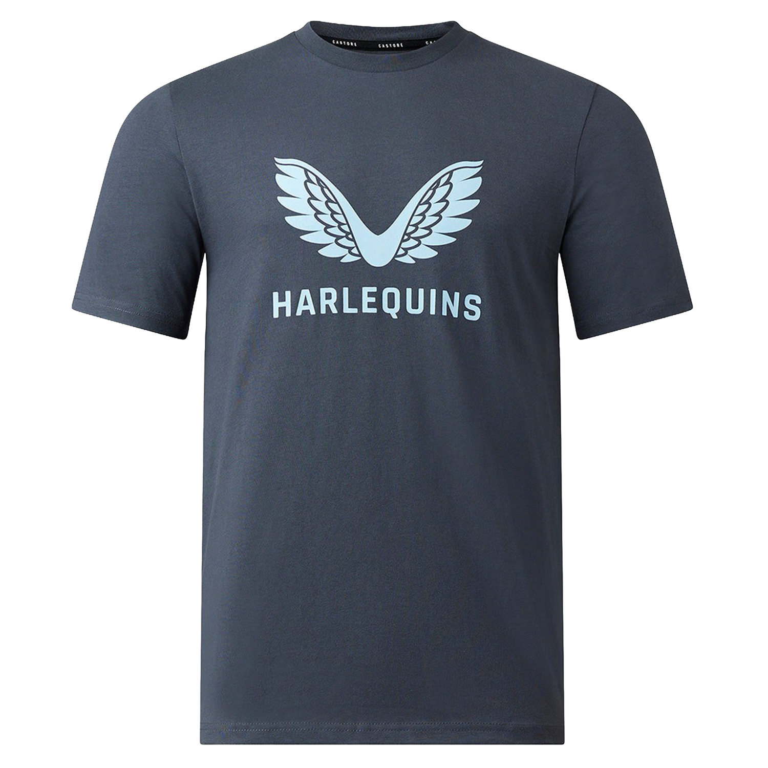The Castore Harlequins 23/24 Cotton Logo Tee is a dark gray short-sleeve t-shirt with a light blue winged Harlequins logo above "HARLEQUINS" on the front.