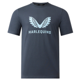 The Castore Harlequins 23/24 Cotton Logo Tee is a dark gray short-sleeve t-shirt with a light blue winged Harlequins logo above "HARLEQUINS" on the front.