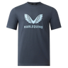 The Castore Harlequins 23/24 Cotton Logo Tee is a dark gray short-sleeve t-shirt with a light blue winged Harlequins logo above "HARLEQUINS" on the front.