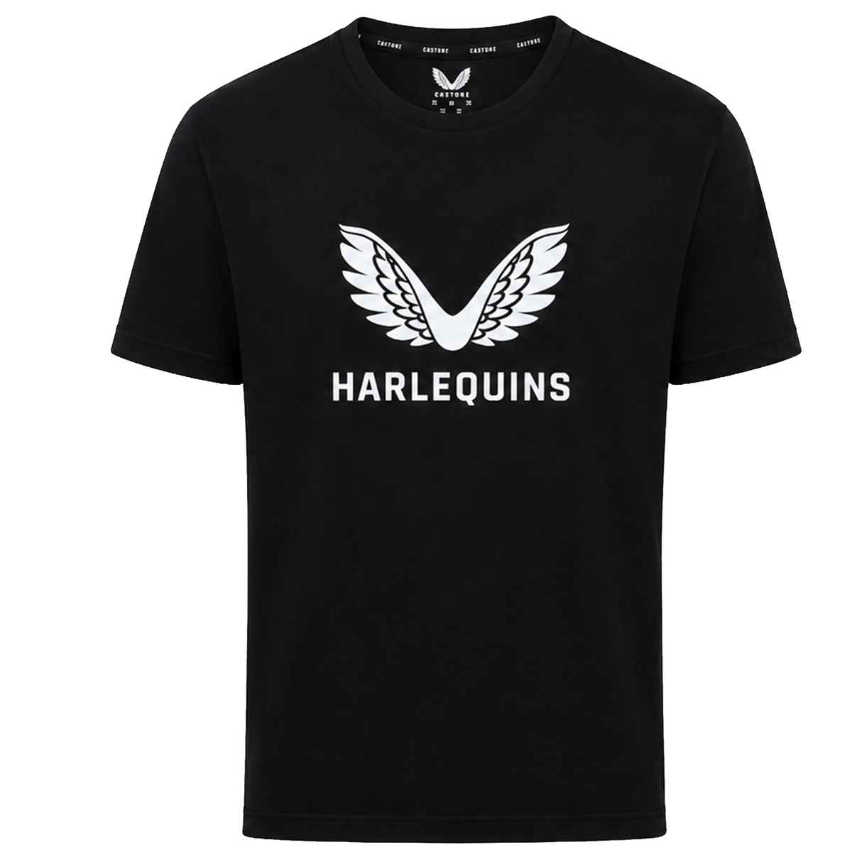 The Harlequins 23/24 Cotton Logo Tee by Castore features a white winged emblem and bold "HARLEQUINS" lettering on the front, finished with the authentic Harlequins logo for a signature Castore style.
