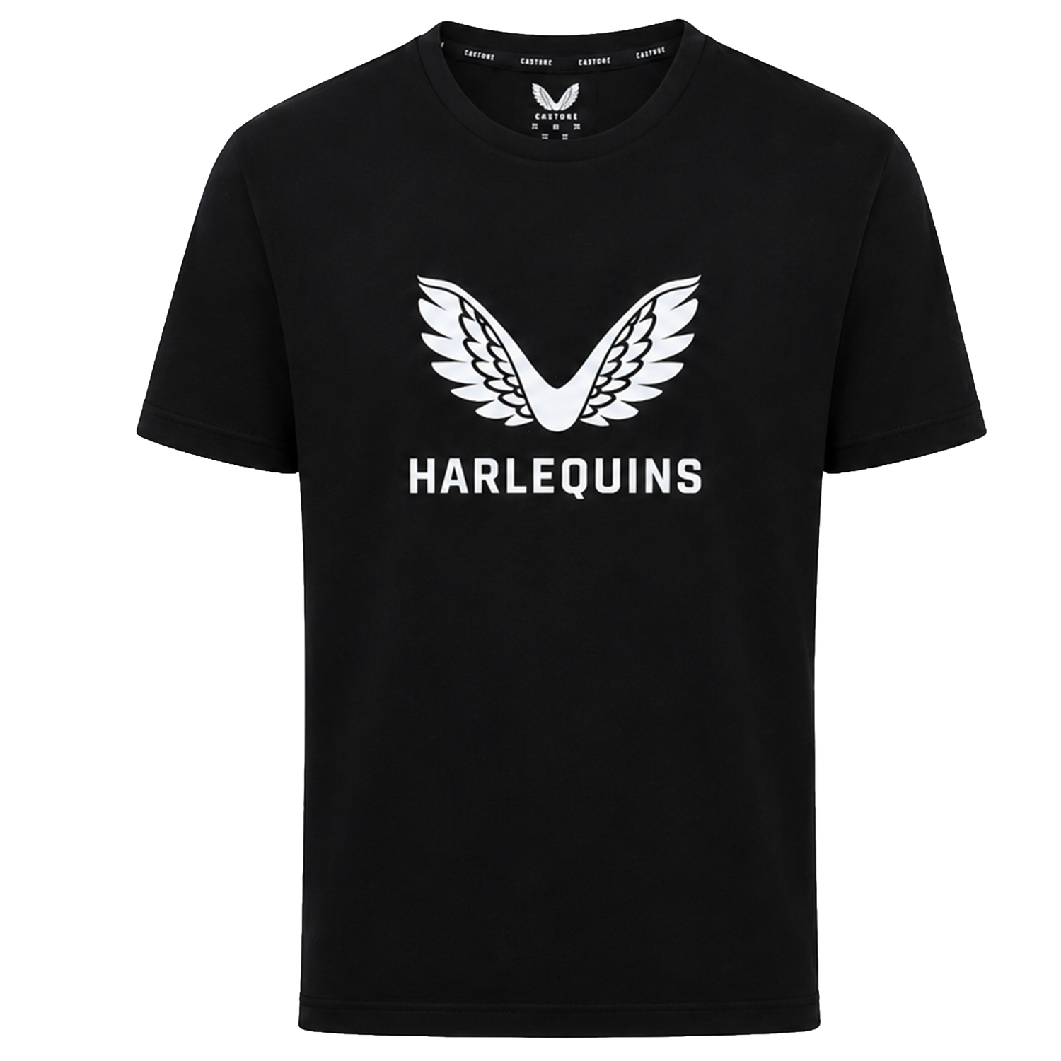 The Harlequins 23/24 Cotton Logo Tee by Castore features a white winged emblem and bold "HARLEQUINS" lettering on the front, finished with the authentic Harlequins logo for a signature Castore style.