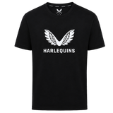 The Harlequins 23/24 Cotton Logo Tee by Castore features a white winged emblem and bold "HARLEQUINS" lettering on the front, finished with the authentic Harlequins logo for a signature Castore style.